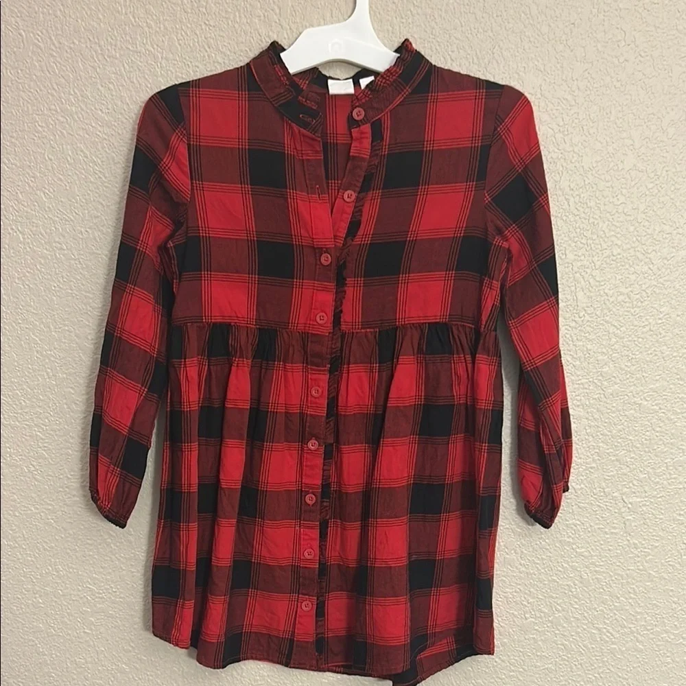 Girls Red and Black Plaid Button-Up Dress